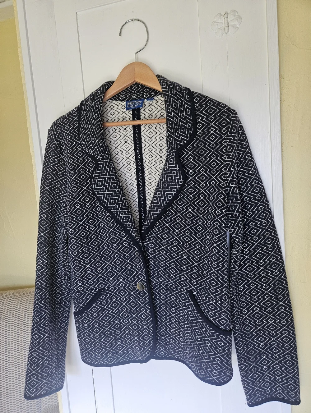 Pendleton Blue Geometric Print Cotton Tight Knit Sweater Blazer Womens Ladies L